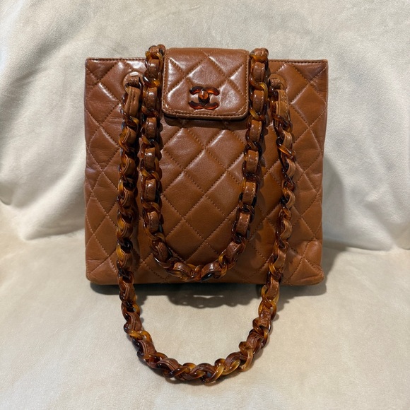 CHANEL Handbags - Vintage CHANEL Brown Lambskin Quilted Resin Chain Shoulder Bag 90s Rare Karl Era